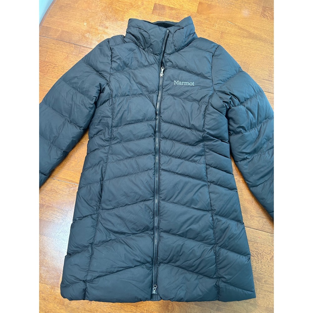 Marmot Puffer Parka Jacket Women Size Medium Black Down Quilted Fleece Lined